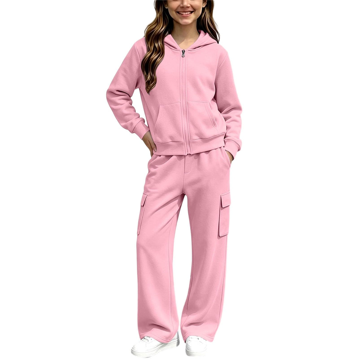 Girls Sweatsuit Fall Winter Kid Zip Up Hoodie And Cargo Sweatpants Set