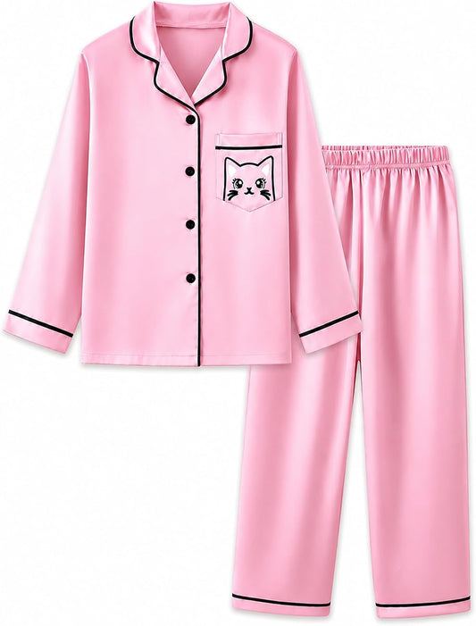 Mikrdoo Girls Silk Pajamas 2 Piece PJs Sets Kids Satin Slpeepwear 3-14Y