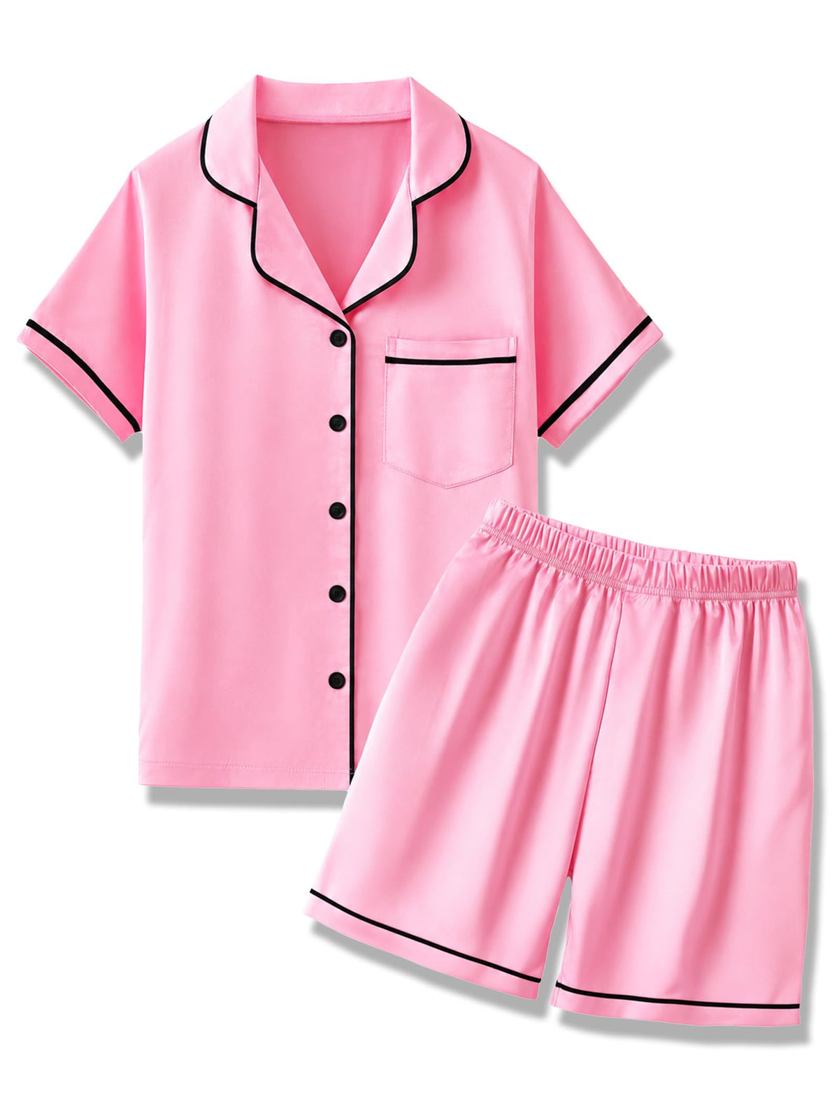Mikrdoo Girls Pajamas Set Soft Silk Satin Pajamas 2 Piece Short Sleeve Sleepwear for Kids Size 4-16 Years