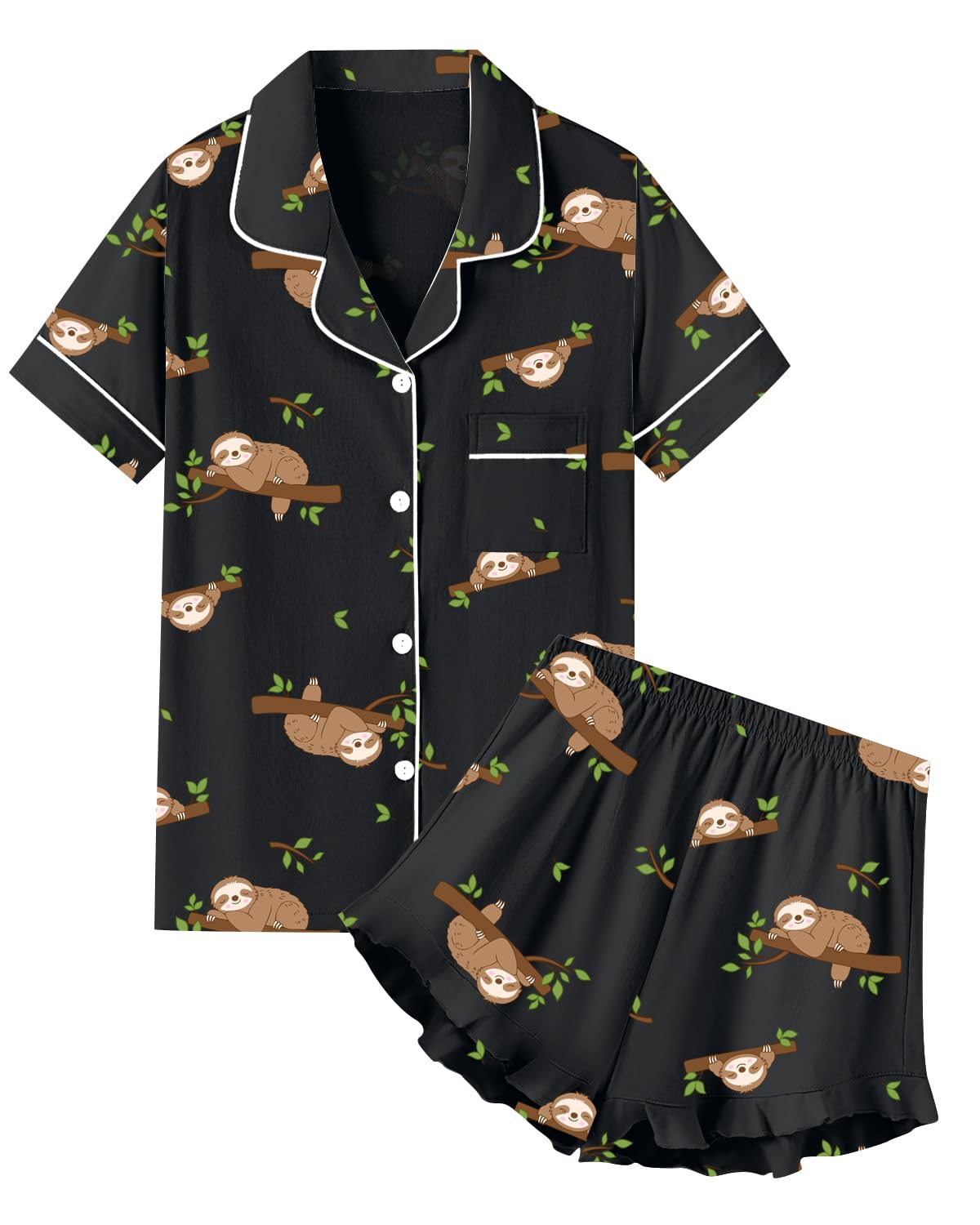 QZH.DUAO Girls & Women Pajama Sets Cotton Sleepwear Button Down Short Sleeve With Ruffle Shorts PJS 5 Years-Large