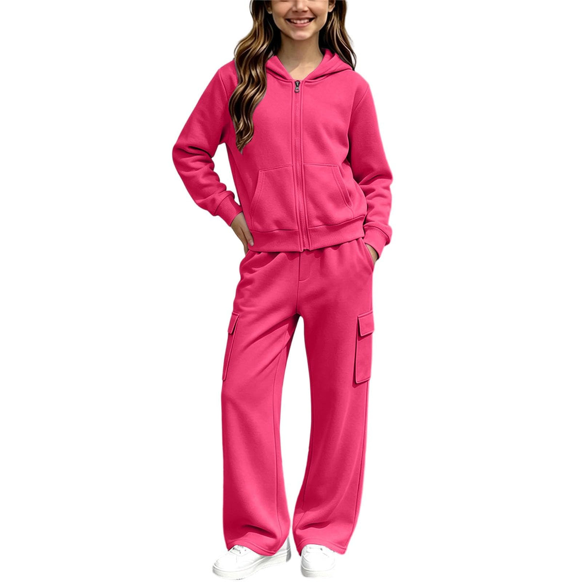 Girls Sweatsuit Fall Winter Kid Zip Up Hoodie And Cargo Sweatpants Set