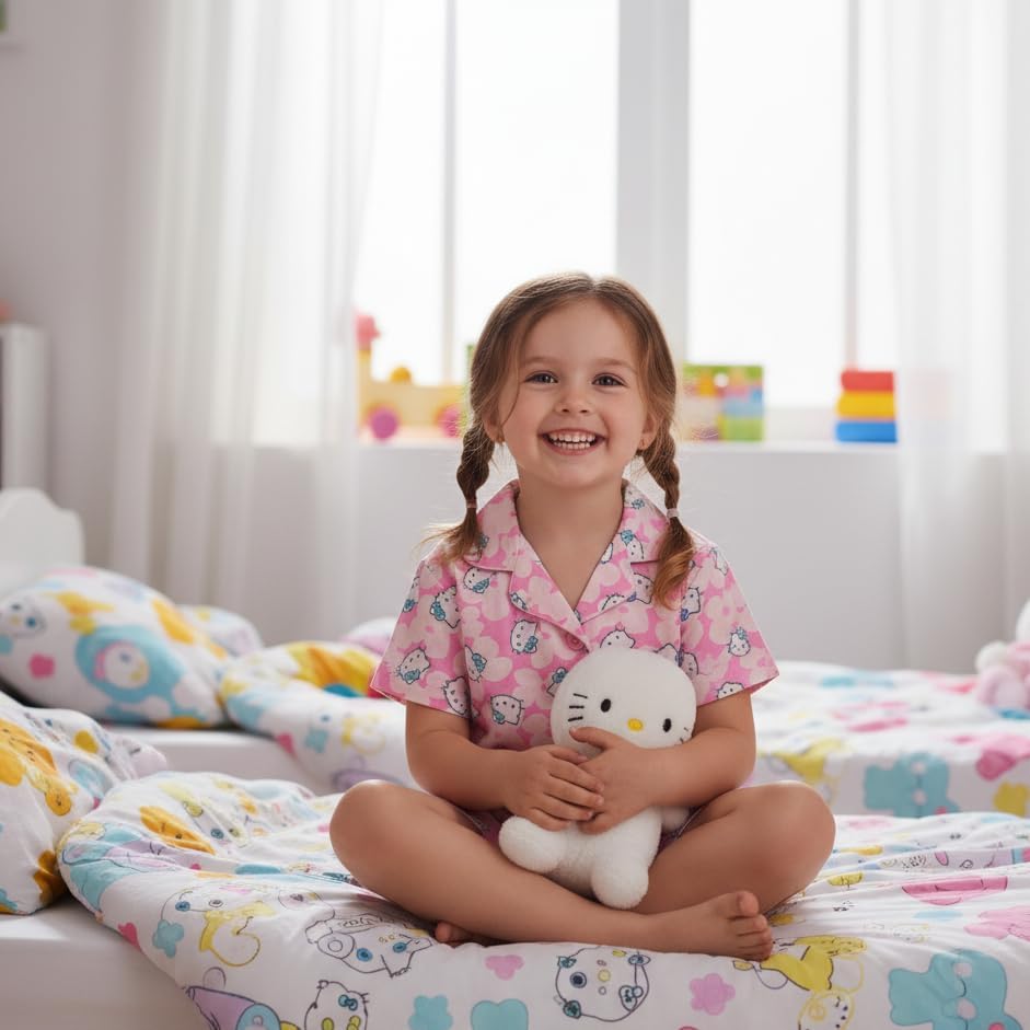 Hello Kitty Girls Pajama Set - 2 Piece Cozy Girls Pjs with Button Down Short Sleeve & Shorts For Kids - Official Product