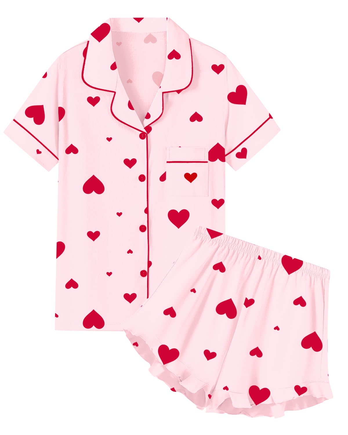 QZH.DUAO Girls & Women Pajama Sets Cotton Sleepwear Button Down Short Sleeve With Ruffle Shorts PJS 5 Years-Large