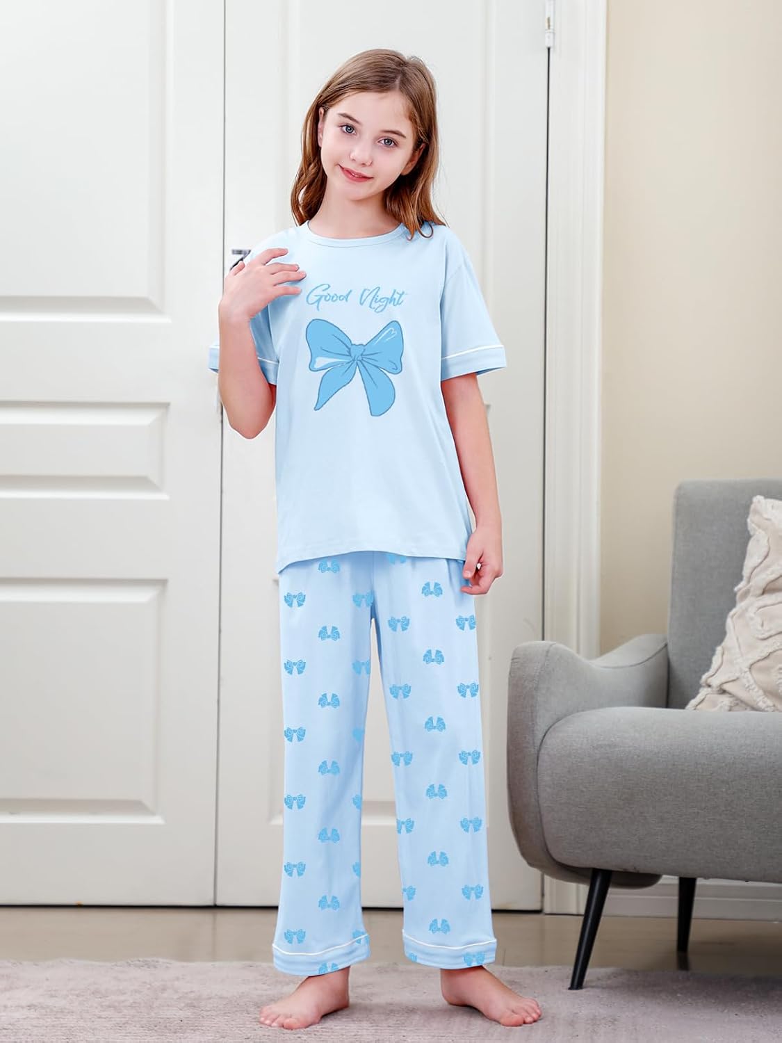 Umeyda Girls Pajamas 2PCS Short Sleeve Top & Pants 100% Cotton Pjs Sets Loungewear for Kids Age 5-14 Years