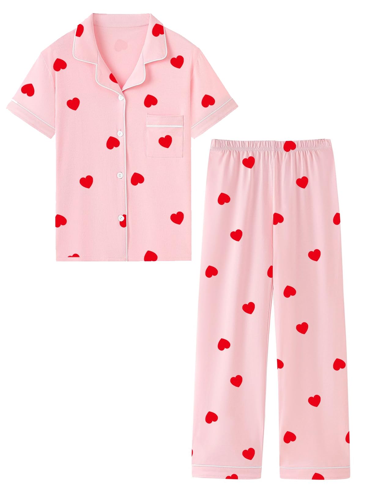 QZH.DUAO Girls Cotton Short Sleeves and Long Pants Pajama Set, 5-14 Years