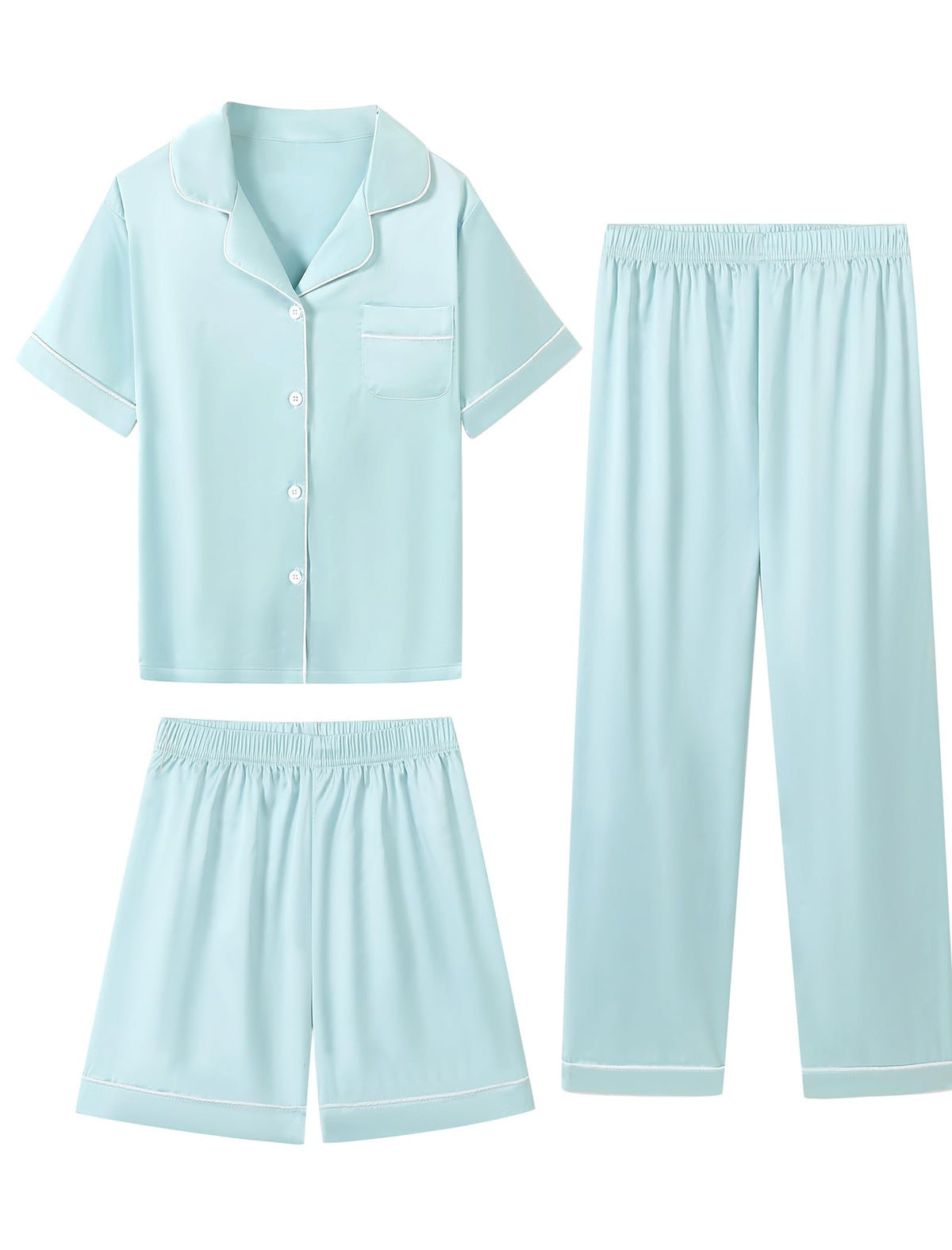 Mikrdoo 3 Piece Girls Silk Satin Pajamas Set Soft Lightweight Button Down Pjs Sleepwear for Kids Size 6-16 Years