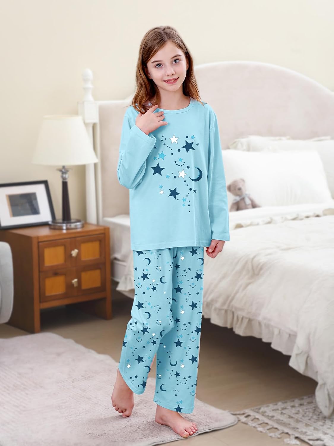 Umeyda 2-Piece Pajama Set for Girls, 100% Cotton Cartoon Pattern Sleepwear Pjs Set Size 5-14