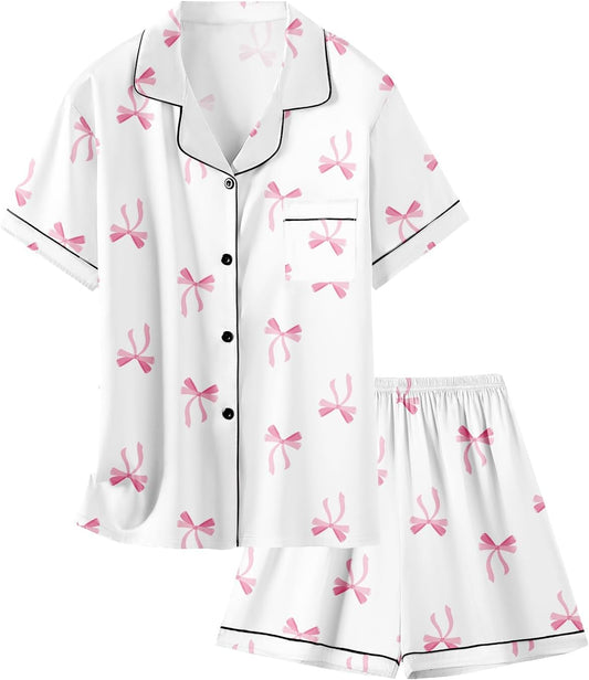 Schbbbta Girls Womens Pajamas, Satin Silky Pjs Set Kids 2Pcs Button-Down Nightwear Sleepwear Gift for Mommy and me