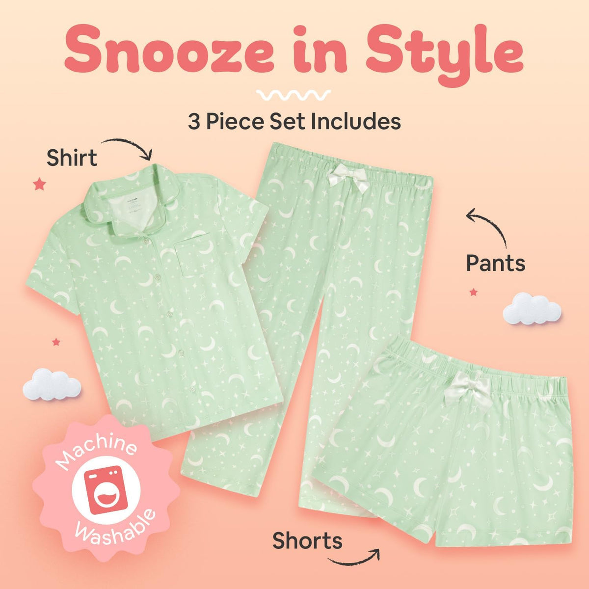 US Angels Girls Pajama Set 3 Piece, Short Sleeve Button Down PJs with Shorts & Pants, Soft Sleepwear Girls & Tweens Size 5-16