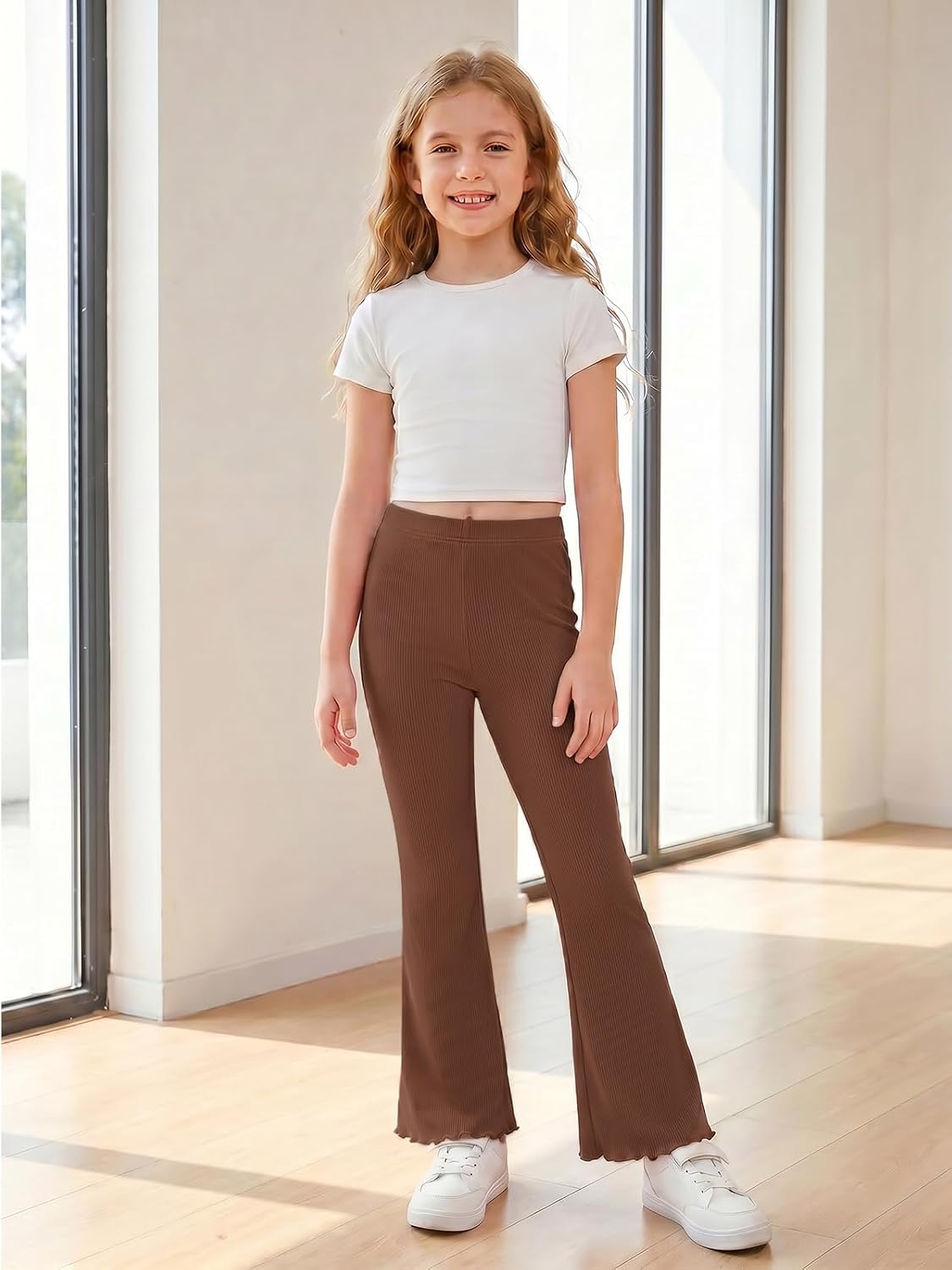 Haloumoning Girls Ribbed Knit Flare Leggings High Waist Bell Bottoms
