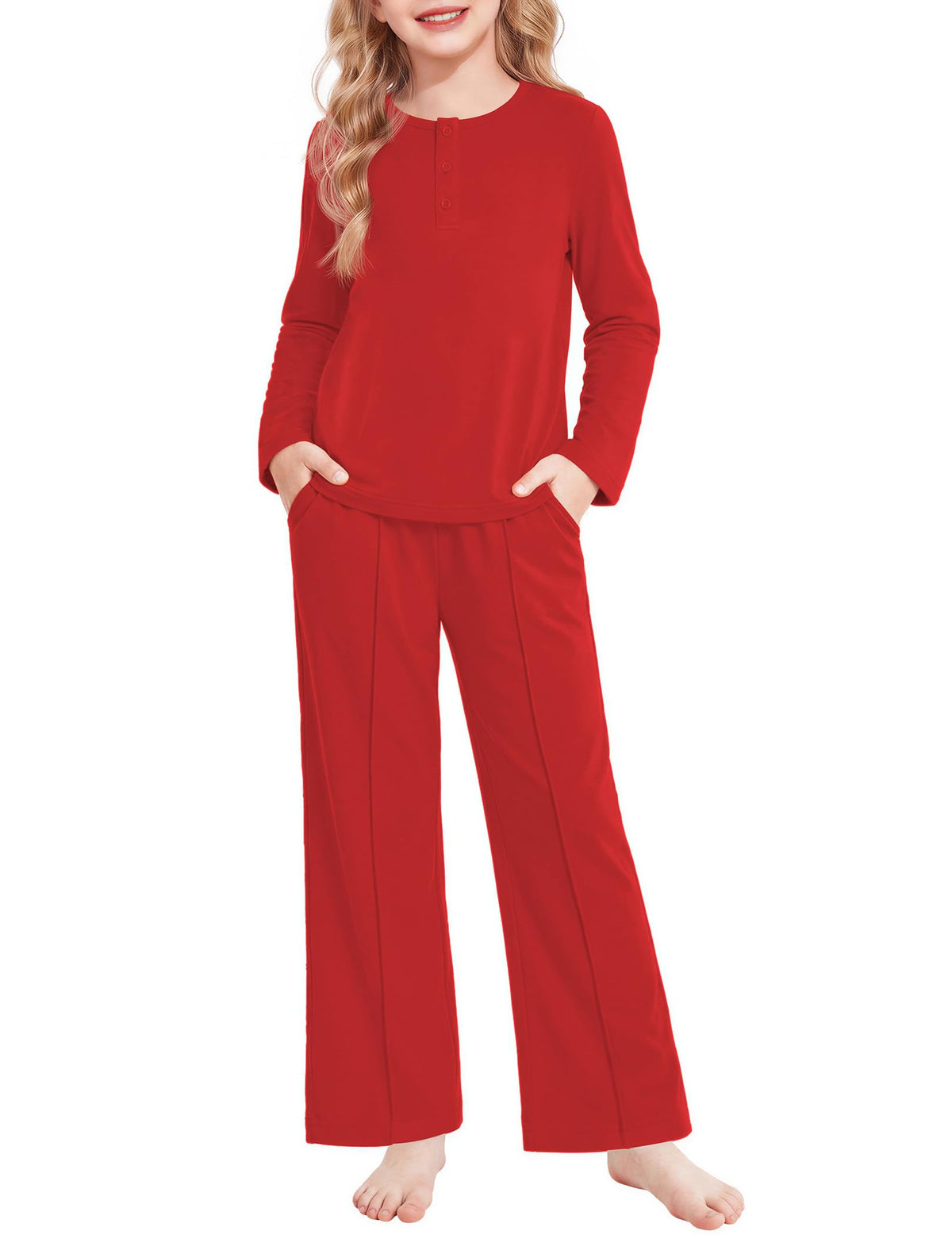 Arshiner Girls Pajamas Long Sleeve Sleepwear Comfy Henley Neck Pjs Set