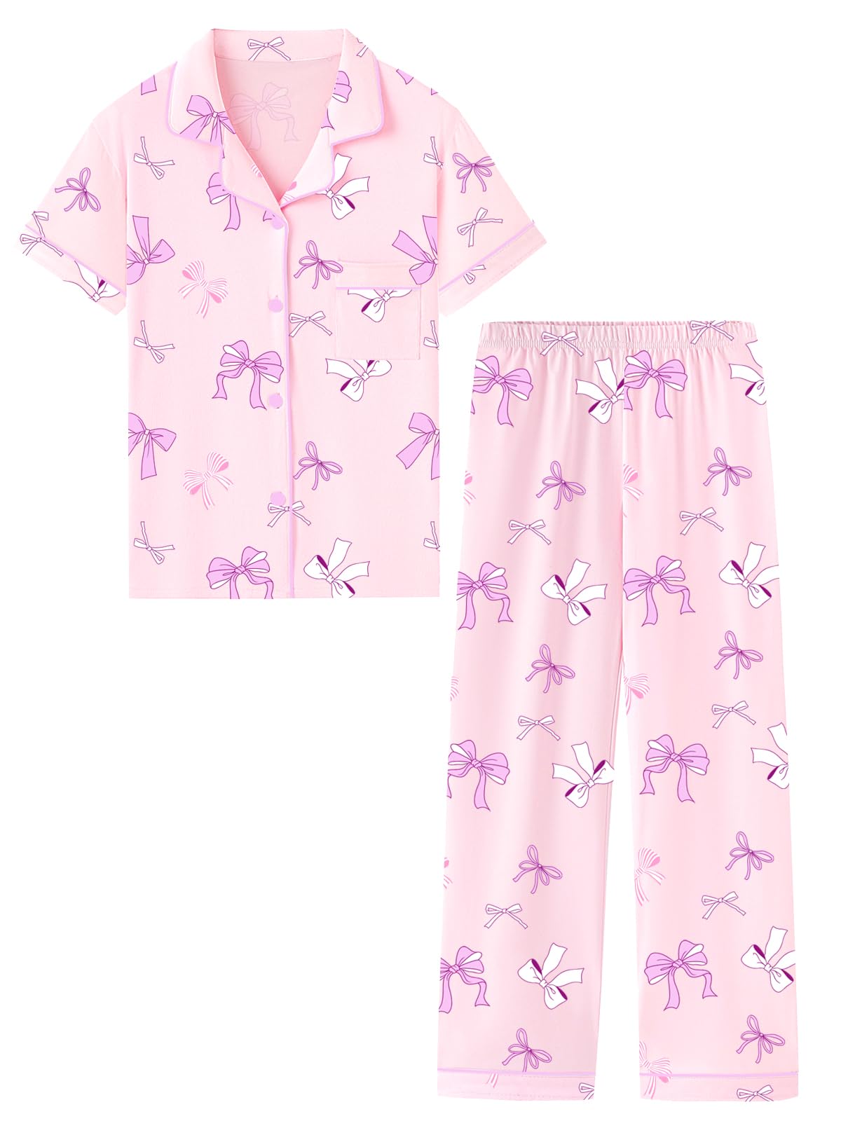 QZH.DUAO Girls Cotton Short Sleeves and Long Pants Pajama Set, 5-14 Years
