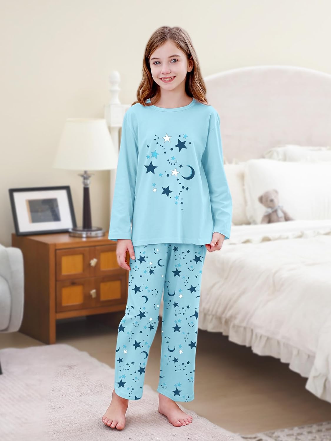 Umeyda 2-Piece Pajama Set for Girls, 100% Cotton Cartoon Pattern Sleepwear Pjs Set Size 5-14