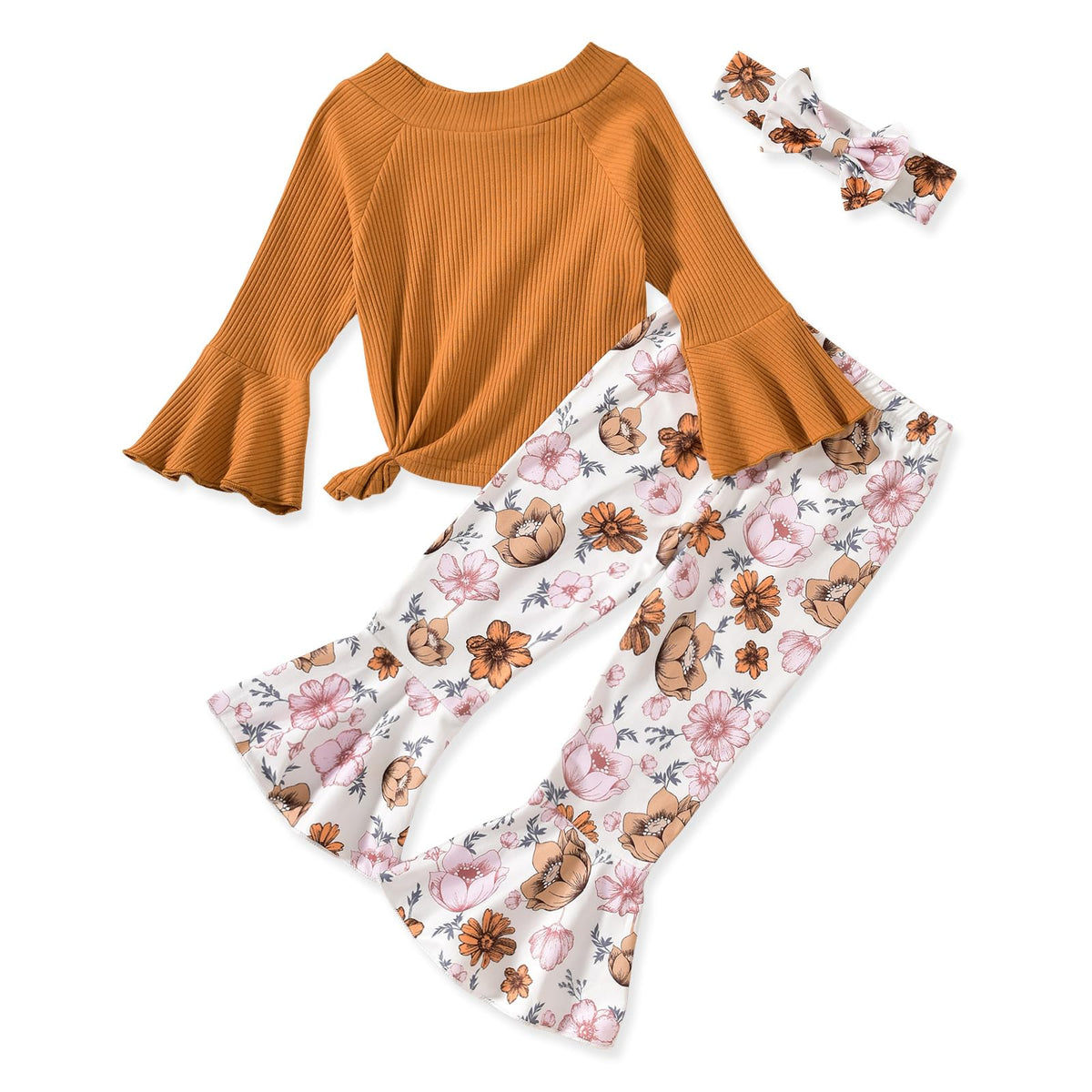 HIHA Toddler Little Girls Long Flare Sleeve Tops Bell Bottom Pants Outfit with Headband