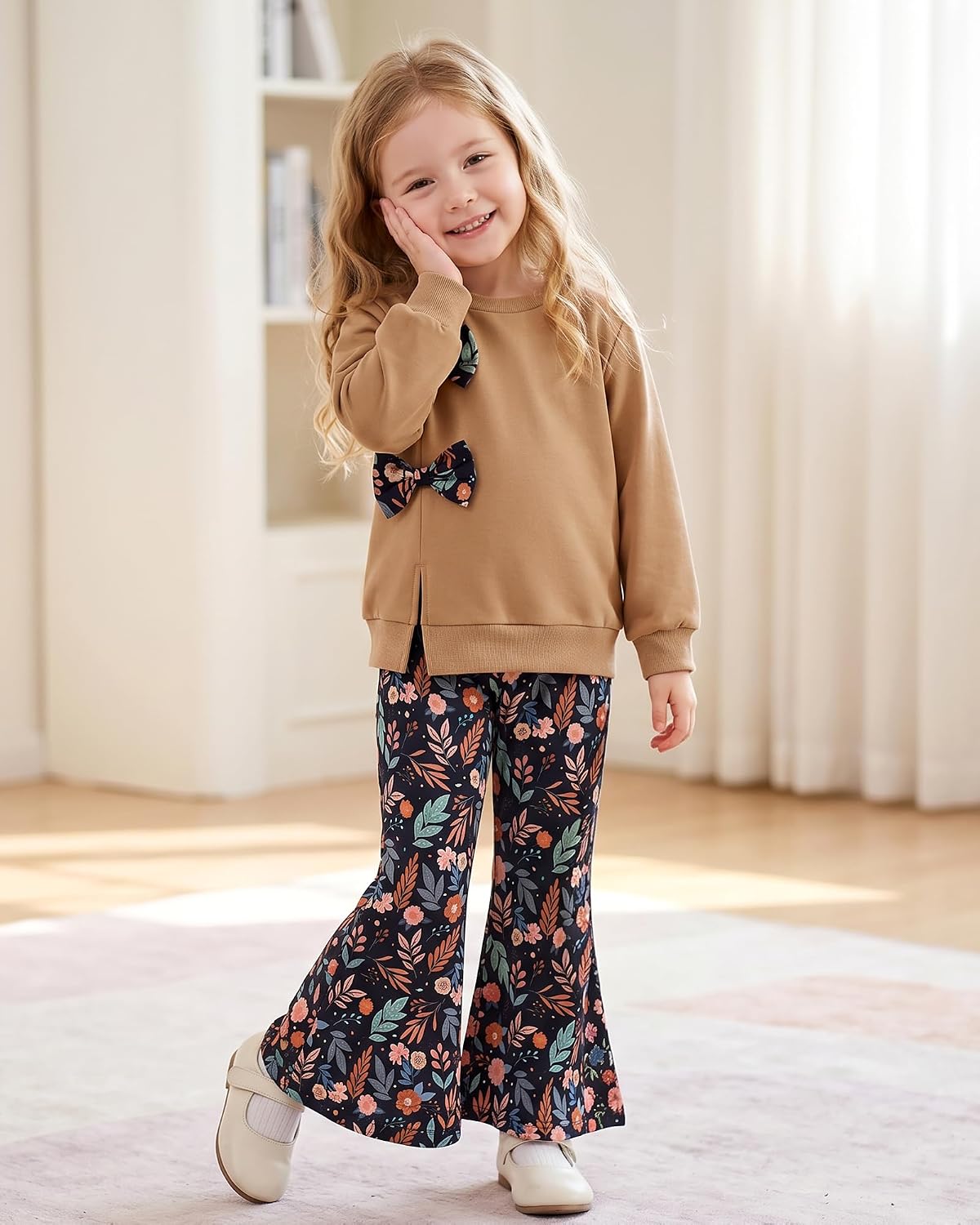 SANMIO Toddler Girls Clothes Fall Long Sleeve Top Floral Flare Pants 2Pcs