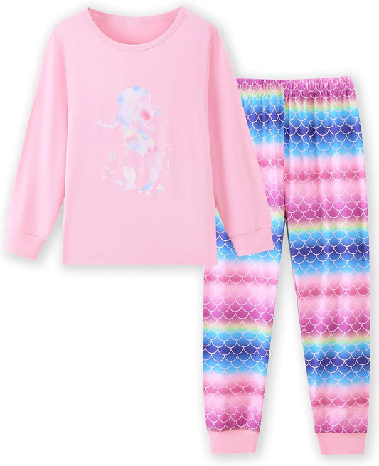 Mikrdoo Girls 2-Piece Pajamas Set Soft Long Sleeve Sleepwear 4-12 Years