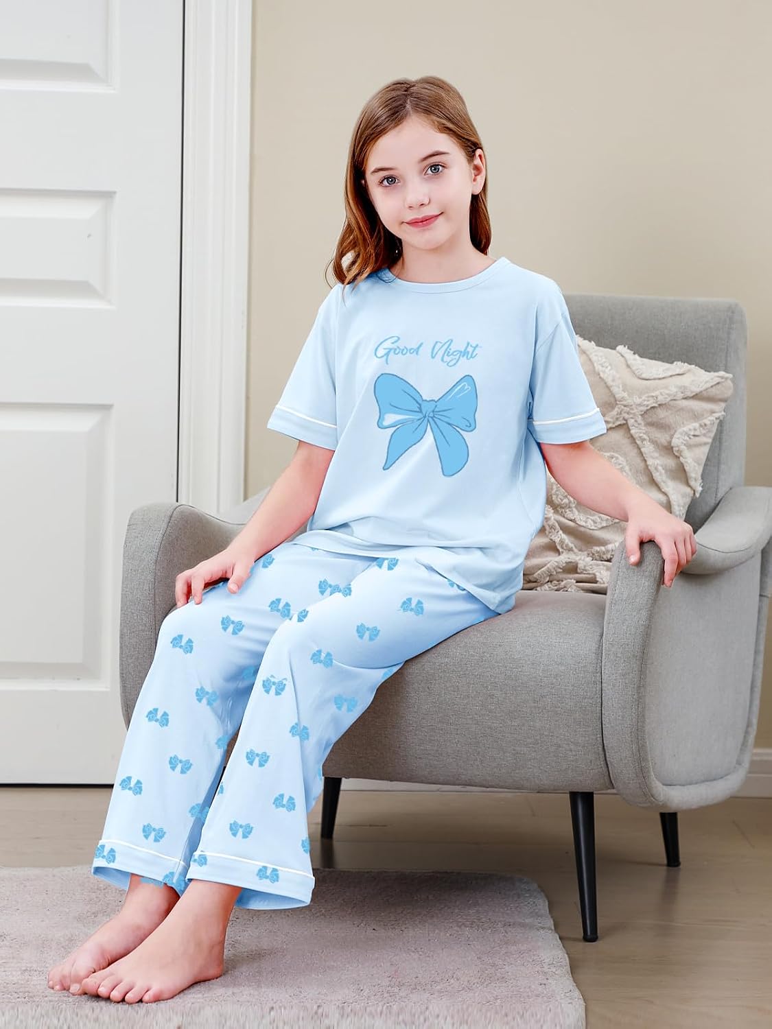 Umeyda Girls Pajamas 2PCS Short Sleeve Top & Pants 100% Cotton Pjs Sets Loungewear for Kids Age 5-14 Years