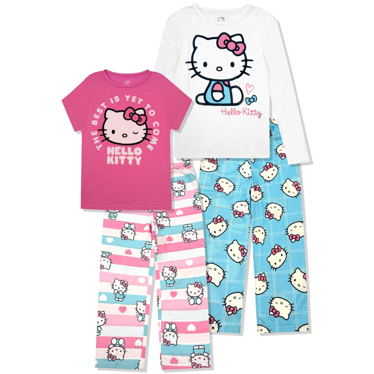 Hello Kitty Girls Pajama Pants and Sleep Shirt Sets 4 Piece PJ Top and Bottom Sleepwear Set for Girls Pajamas for Kids