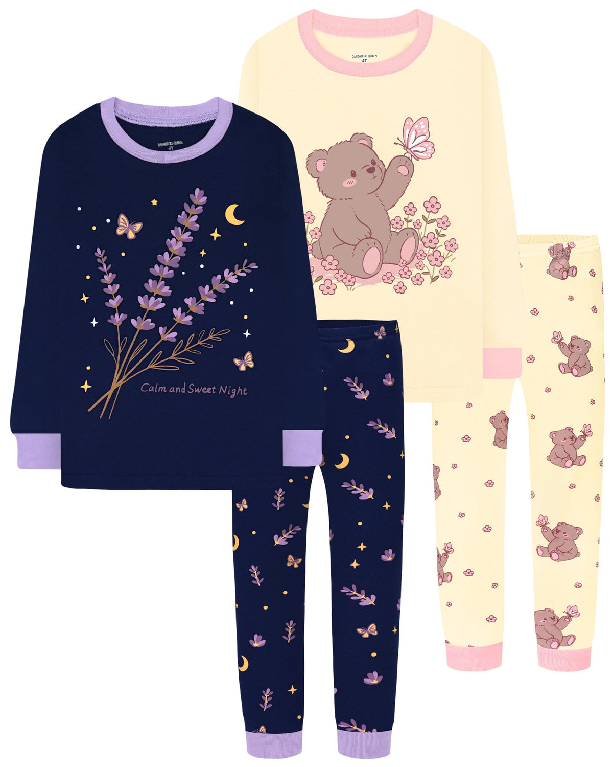 DAUGHTER QUEEN Girls 4 Pieces Cotton Pajamas Size 18 Months-12 Years