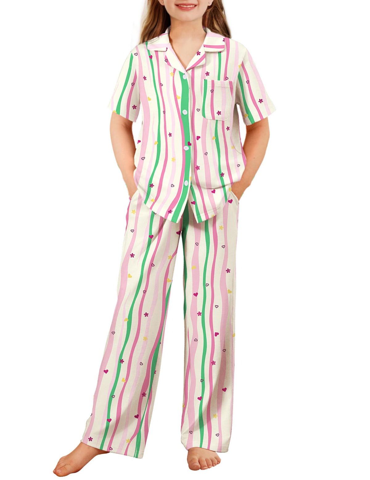 Arshiner Pajamas for Girls Short Sleeve Long Pants Sleepwear Button Pjs Set