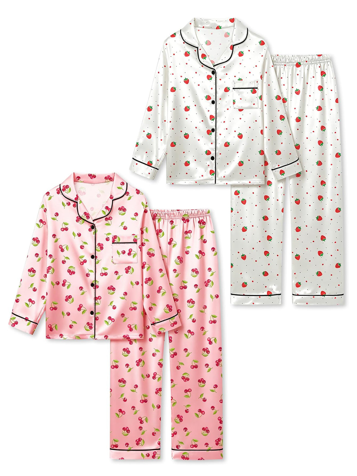 Satin Pajamas for Girls, 4-Piece Long Sleeve Silky Button Down PJ Set