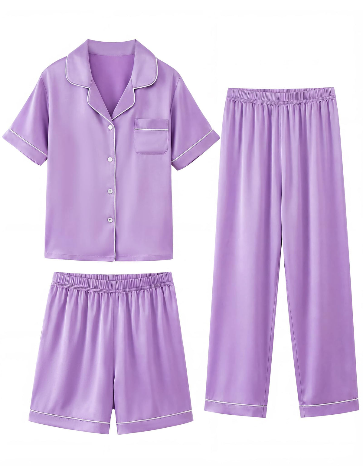 Mikrdoo 3 Piece Girls Silk Satin Pajamas Set Soft Lightweight Button Down Pjs Sleepwear for Kids Size 6-16 Years