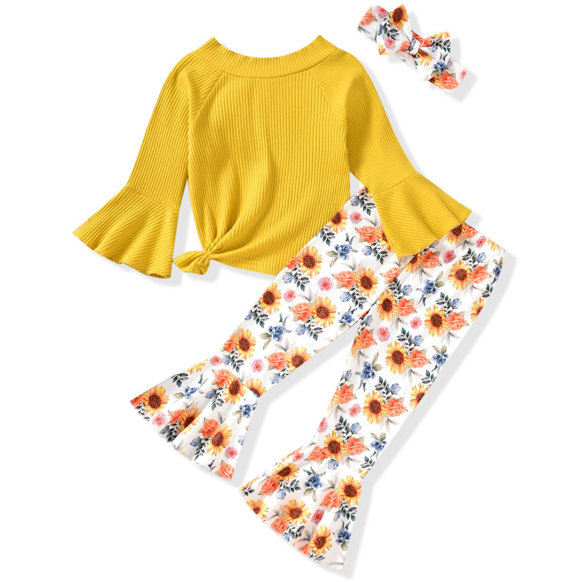 HIHA Toddler Little Girls Long Flare Sleeve Tops Bell Bottom Pants Outfit with Headband