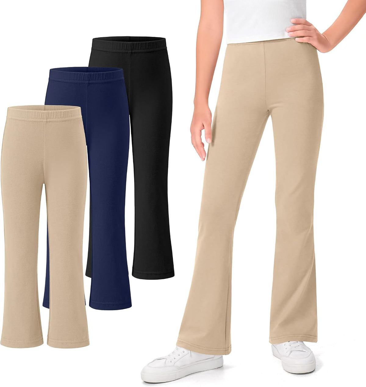 KEREDA 3 Pack School Uniform Pants for Girls Flare Bell Bottoms Leggings