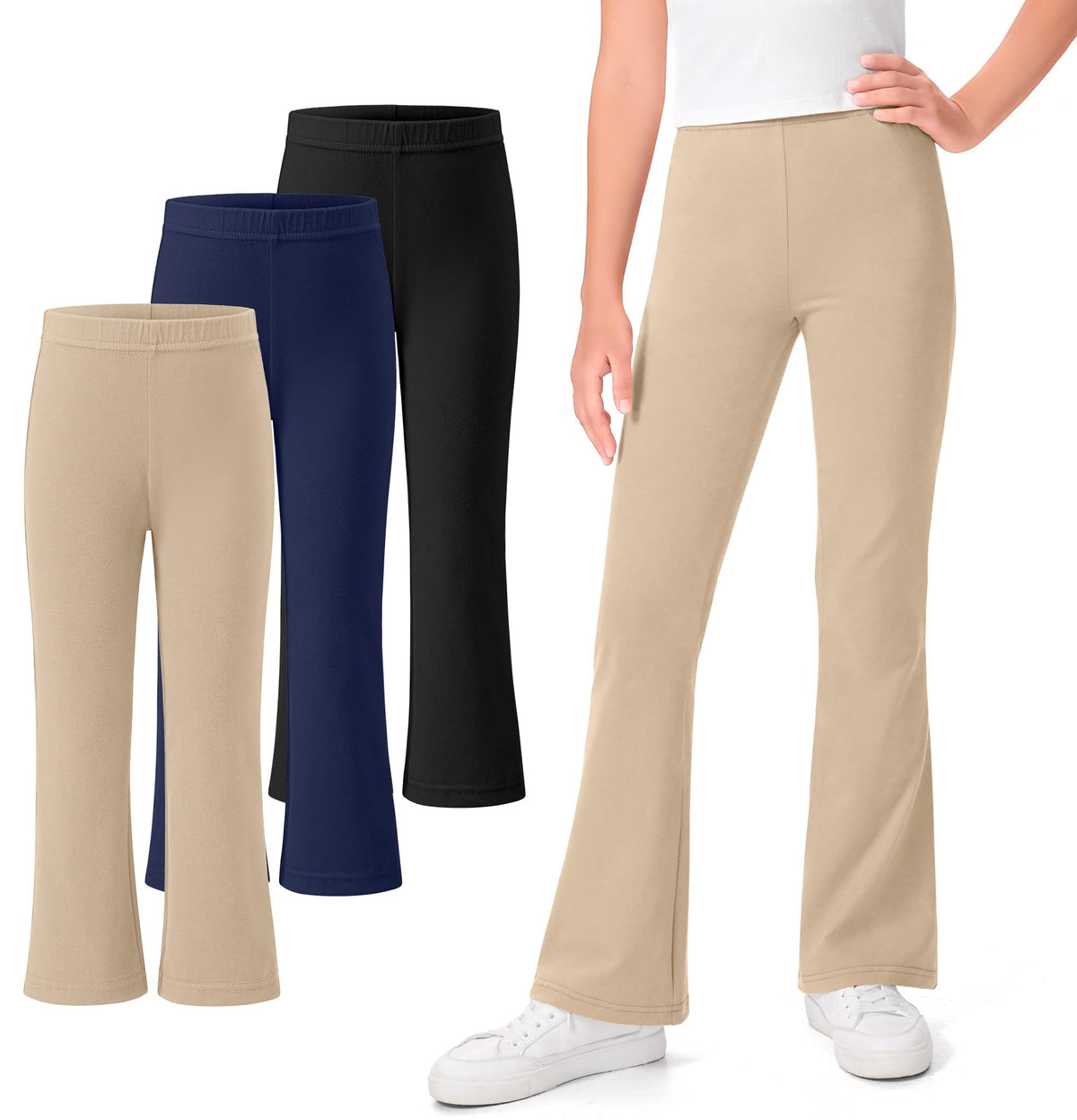KEREDA 3 Pack School Uniform Pants for Girls Flare Bell Bottoms Leggings