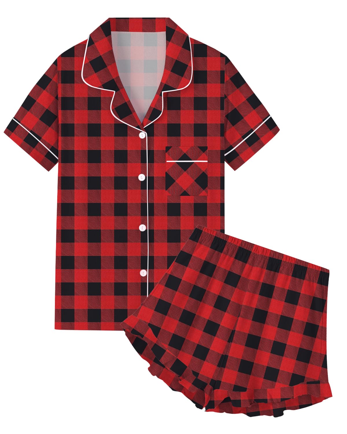 QZH.DUAO Girls & Women Pajama Sets Cotton Sleepwear Button Down Short Sleeve With Ruffle Shorts PJS 5 Years-Large