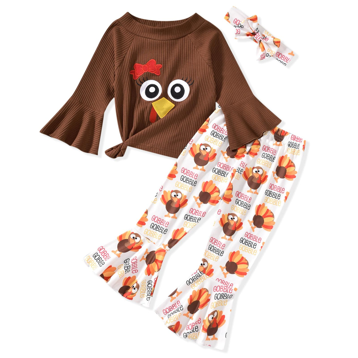 HIHA Toddler Little Girls Long Flare Sleeve Tops Bell Bottom Pants Outfit with Headband