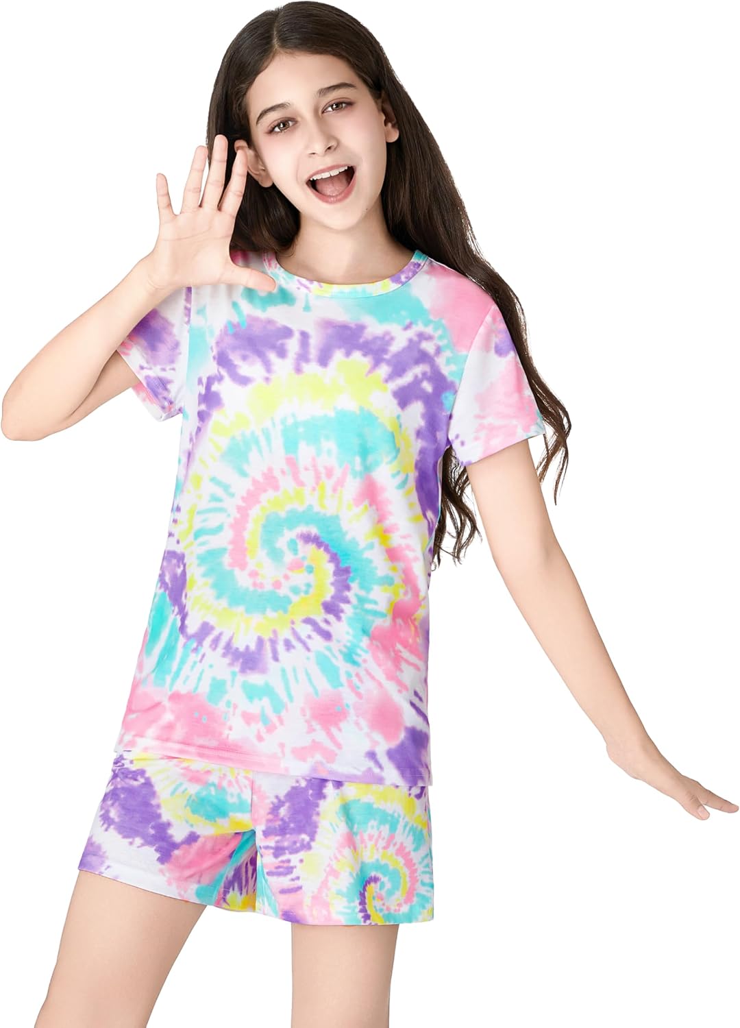 Tebbis Girls Pajama Set Tie Dye Cute Prints Tee & Shorts Sizes 6-18