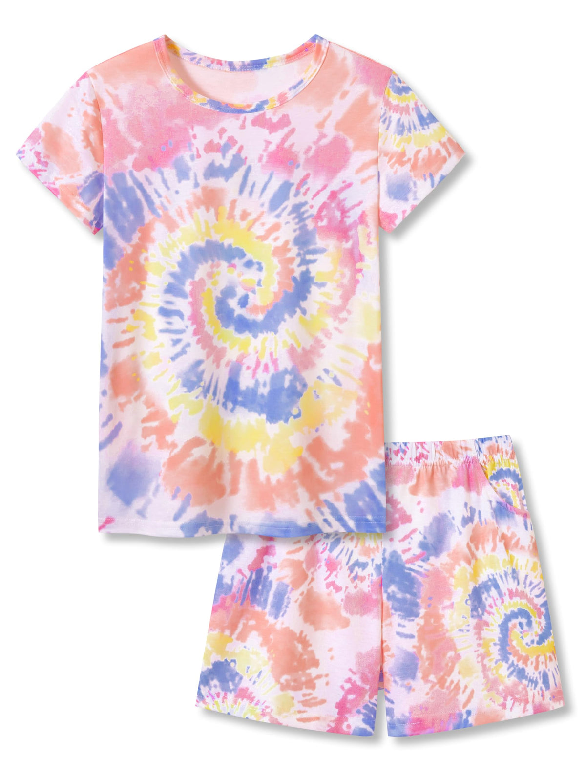 Beezizac Girls Pajamas Neon Tie Dye Spiral Capybara Smiling Face Print T-shirt & Shorts 2-Piece Soft PJ Set Size 6-18