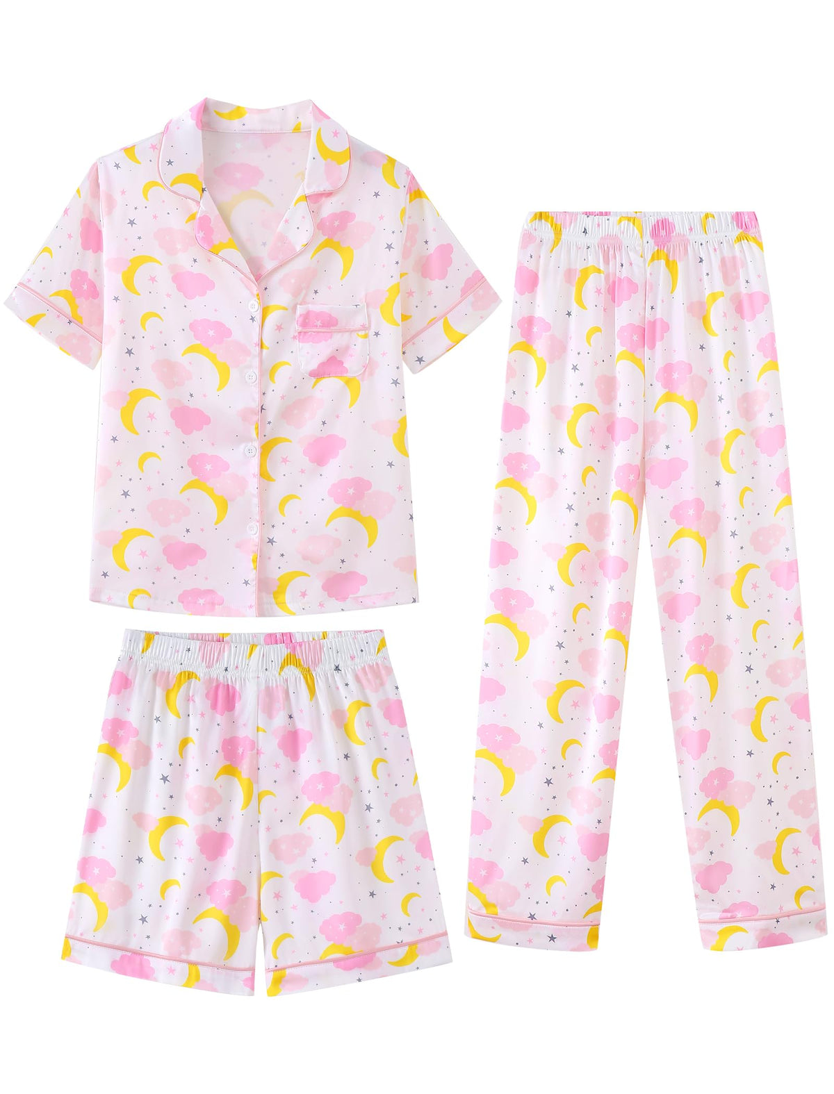 Mikrdoo 3 Piece Girls Silk Satin Pajamas Set Soft Lightweight Button Down Pjs Sleepwear for Kids Size 6-16 Years