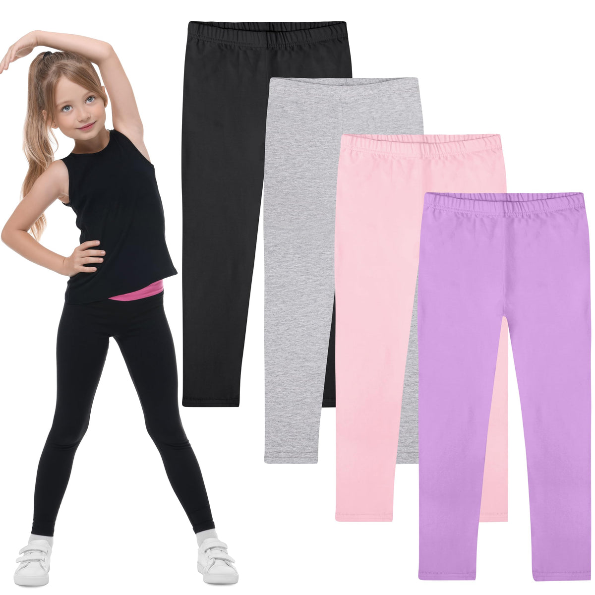 FEQO 4 Pack Girls Cotton Leggings Stretchy Full Length Tight Pants 4-12Y