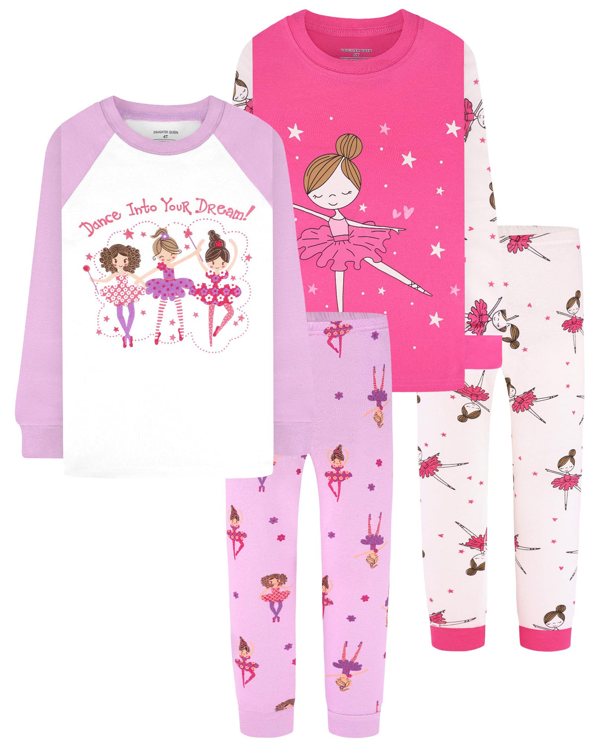DAUGHTER QUEEN Girls 4 Pieces Cotton Pajamas Size 18 Months-12 Years