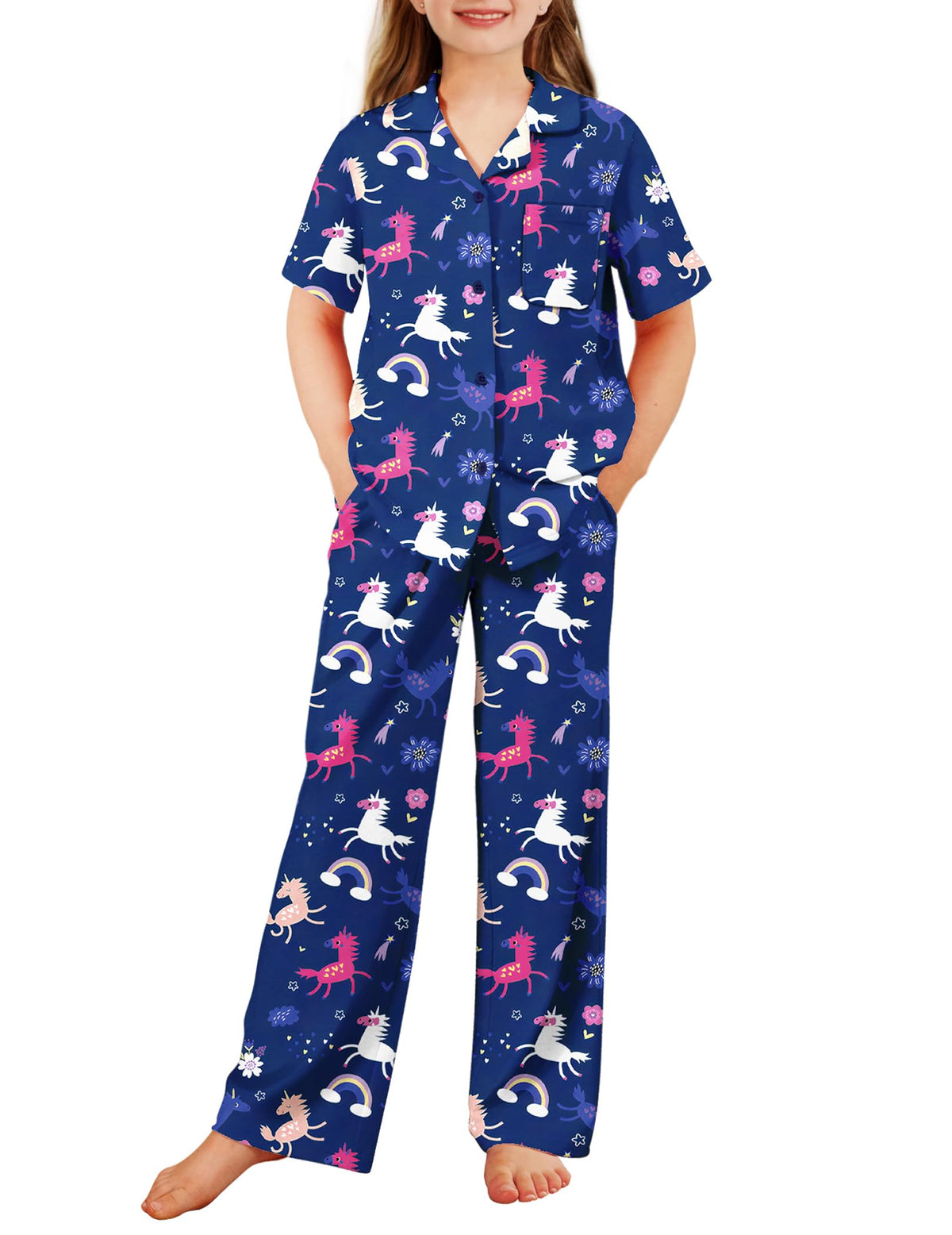 Arshiner Pajamas for Girls Short Sleeve Long Pants Sleepwear Button Pjs Set