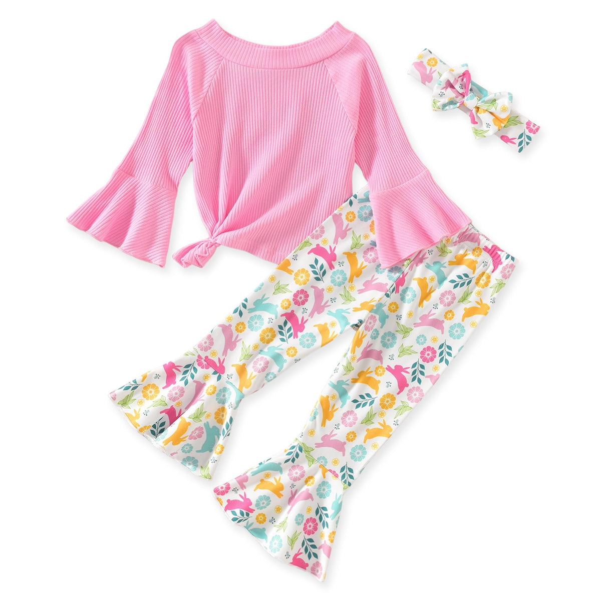 HIHA Toddler Little Girls Long Flare Sleeve Tops Bell Bottom Pants Outfit with Headband