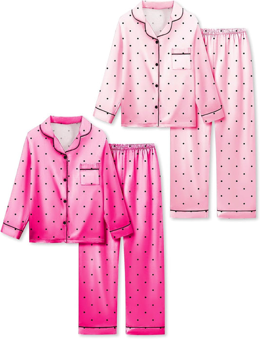 Satin Pajamas for Girls, 4-Piece Long Sleeve Silky Button Down PJ Set