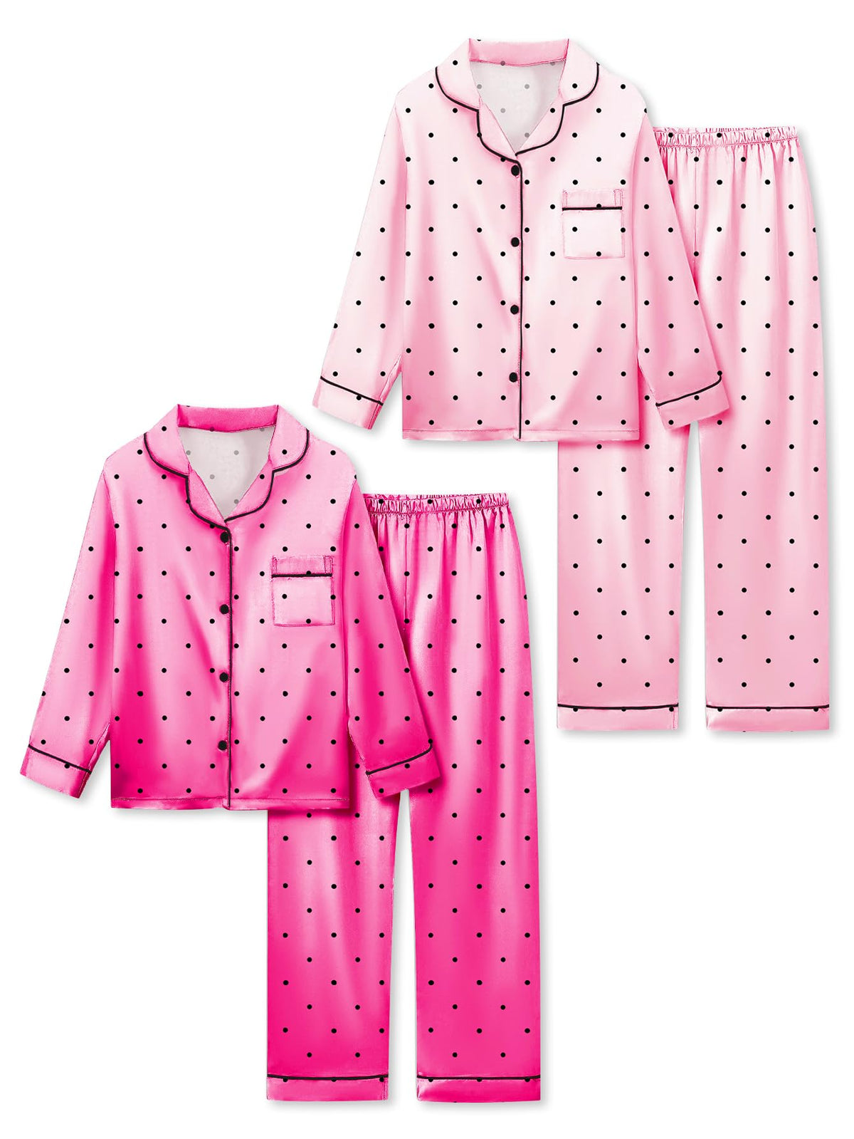 Satin Pajamas for Girls, 4-Piece Long Sleeve Silky Button Down PJ Set