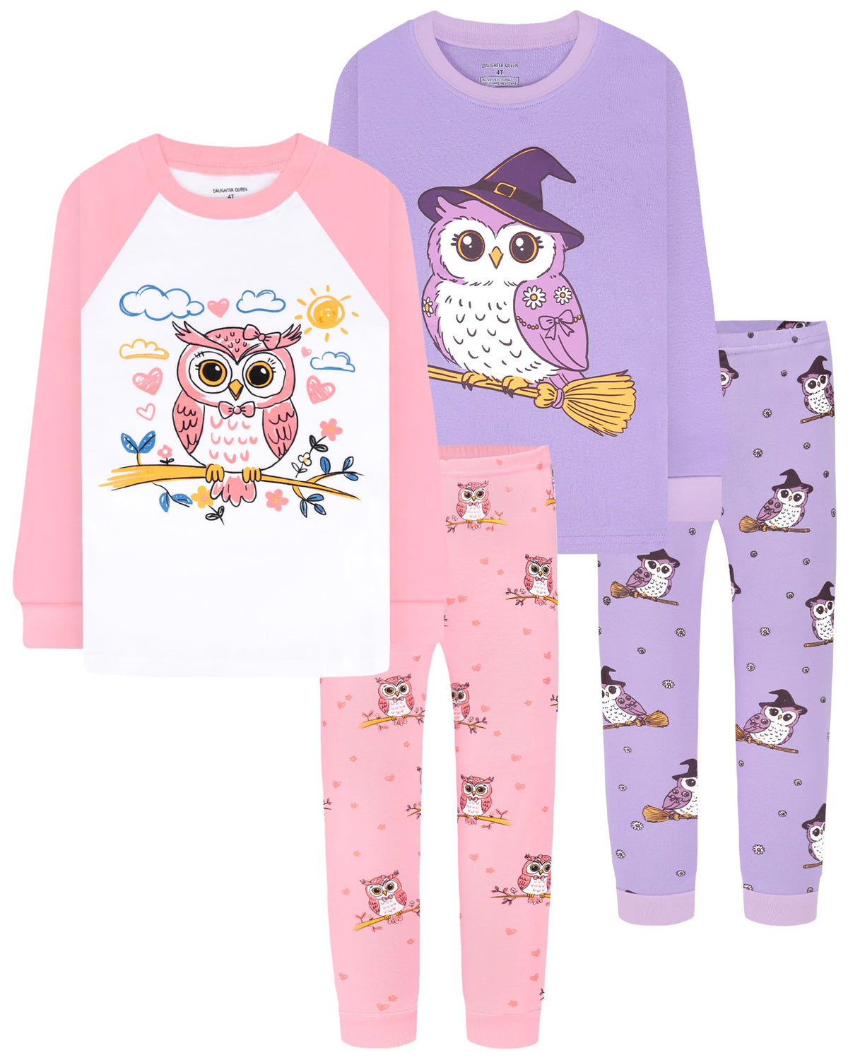 DAUGHTER QUEEN Girls 4 Pieces Cotton Pajamas Size 18 Months-12 Years