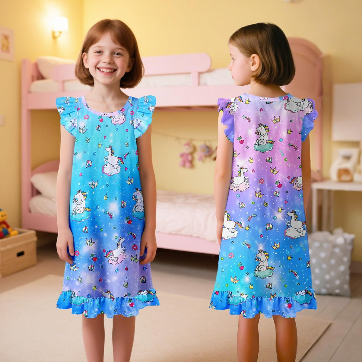 Sylfairy 2pcs Girls Nightgowns, Unicorn Nightgown Princess Pajama Dresses for Girls Sleepwear Nightie