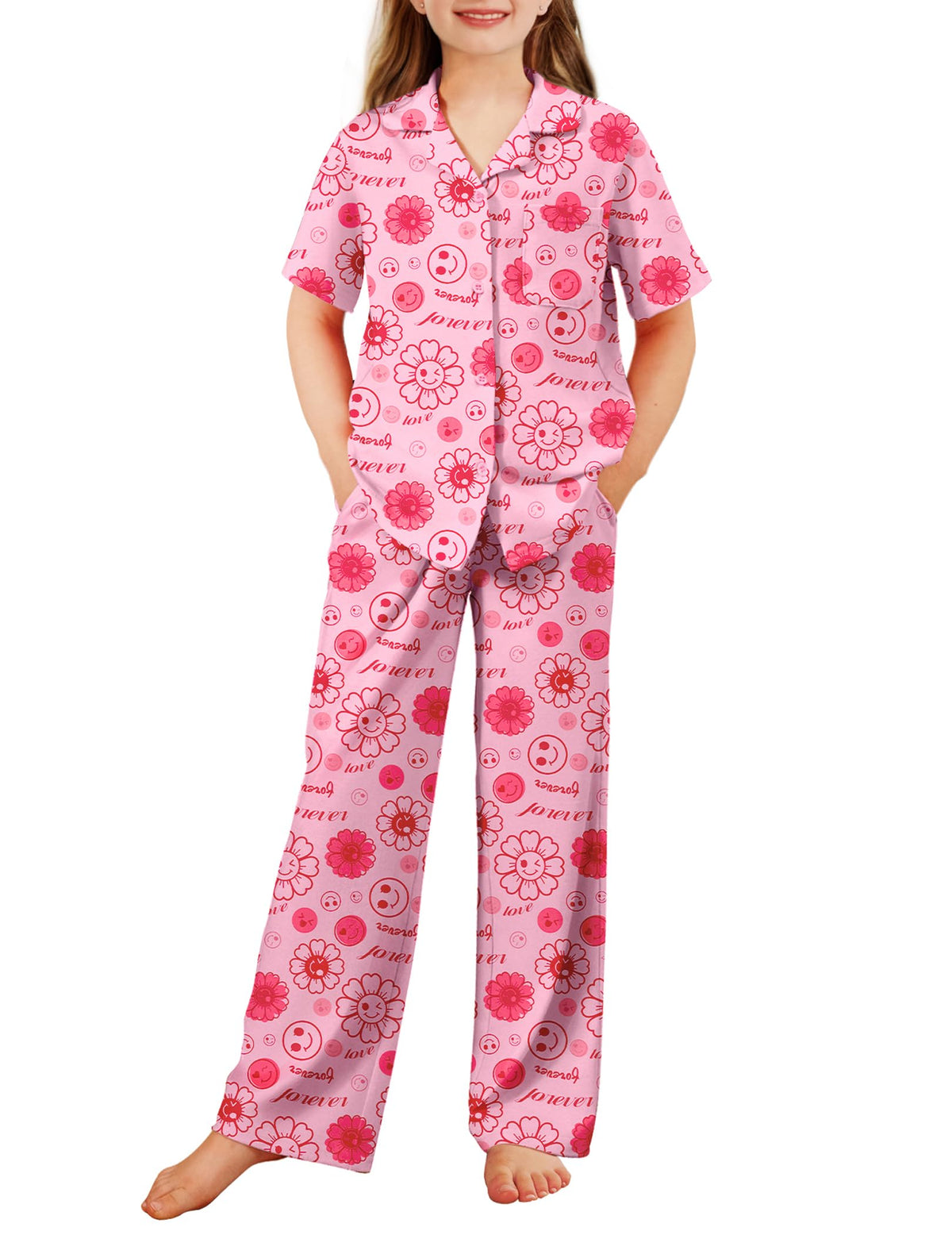 Arshiner Pajamas for Girls Short Sleeve Long Pants Sleepwear Button Pjs Set