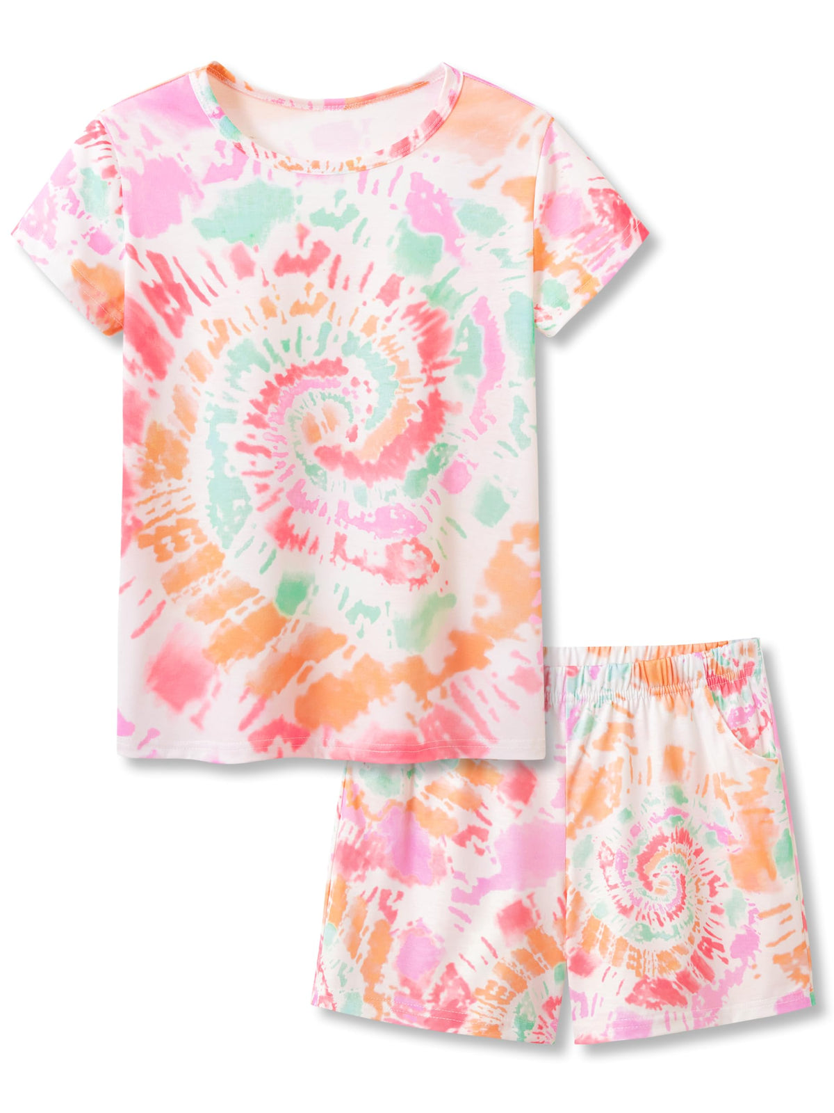Beezizac Girls Pajamas Neon Tie Dye Spiral Capybara Smiling Face Print T-shirt & Shorts 2-Piece Soft PJ Set Size 6-18