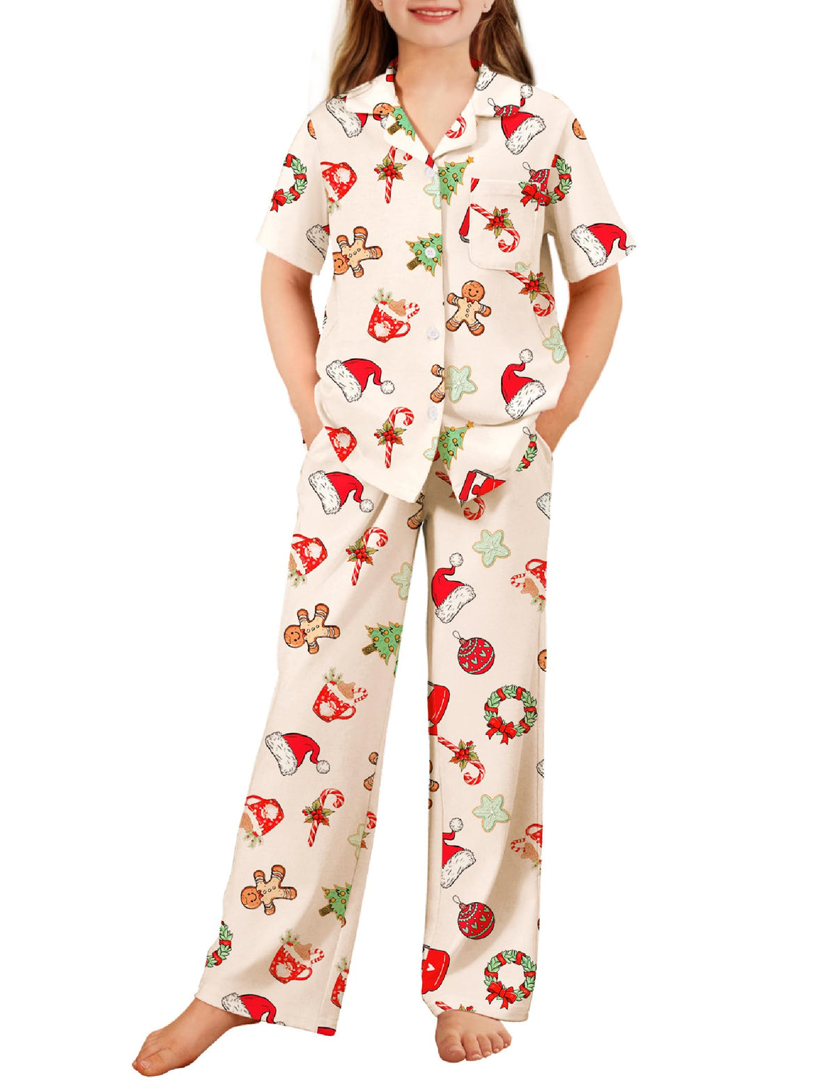 Arshiner Pajamas for Girls Short Sleeve Long Pants Sleepwear Button Pjs Set