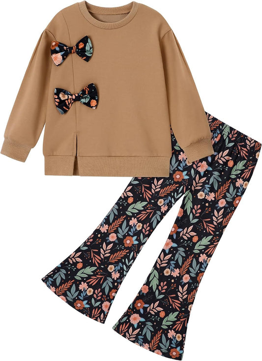 SANMIO Toddler Girls Clothes Fall Long Sleeve Top Floral Flare Pants 2Pcs