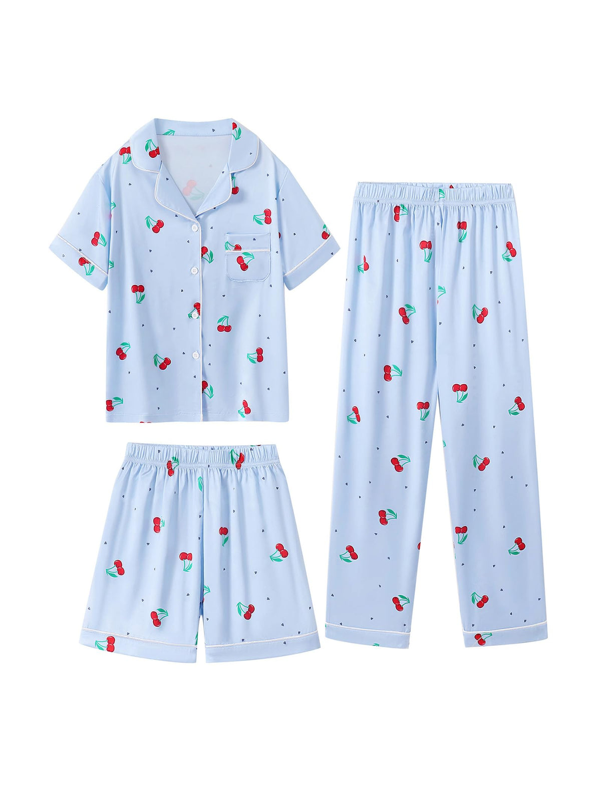 Mikrdoo 3 Piece Girls Silk Satin Pajamas Set Soft Lightweight Button Down Pjs Sleepwear for Kids Size 6-16 Years