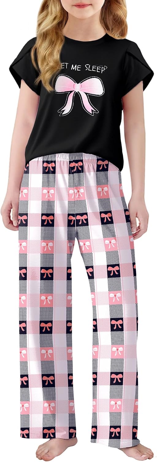 Arshiner Pajamas for Girls Short Sleeve Long Pants Pjs Cute Soft Lounge