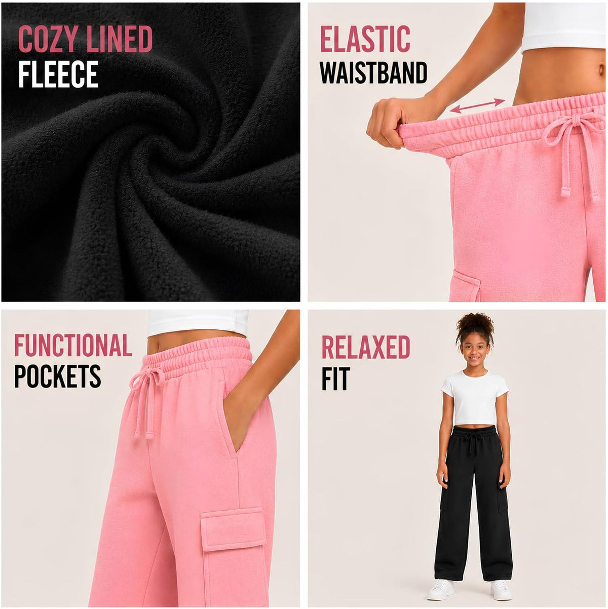 Forever 21 Girls 2-Pack Wide Leg Cargo Fleece Sweatpants with Pockets, 4-16