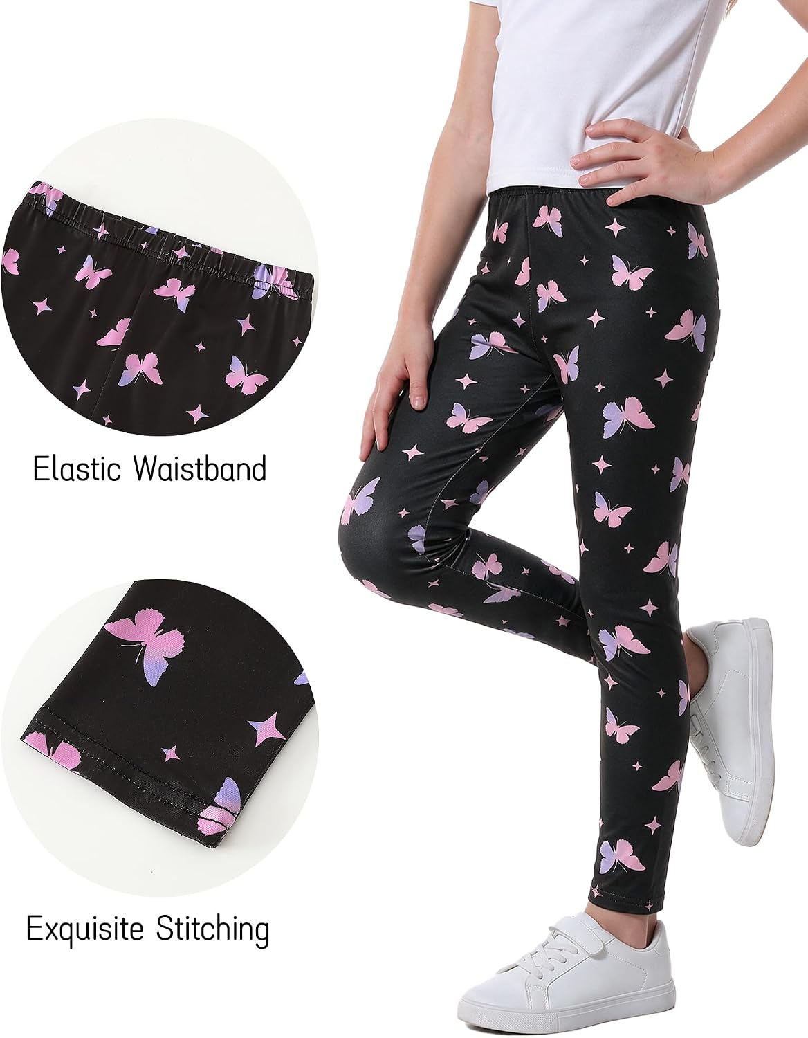 MyFav 3 Pack Girls Leggings Stretch Kids Cute Printed & Solid Color Skinny Casual Daily Wear Pants